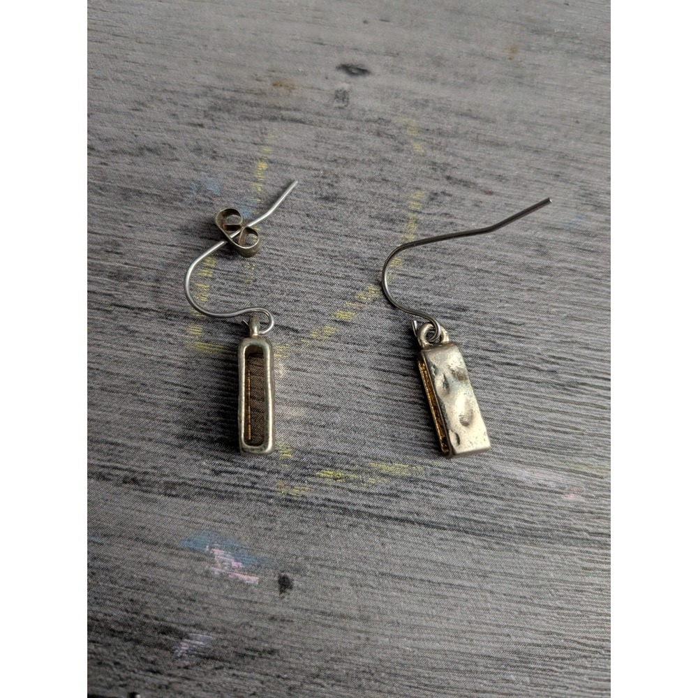 Silver Tone Geometric Rectangular Hammered Drop Earrings Minimalist Fishhook